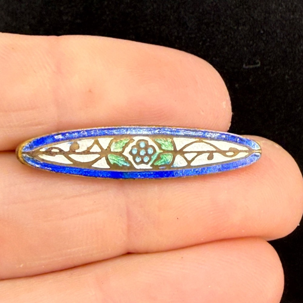 Vintage Estate Bar Brooch Blue Green Enamel Floral Gold Tone‎ Small Pin